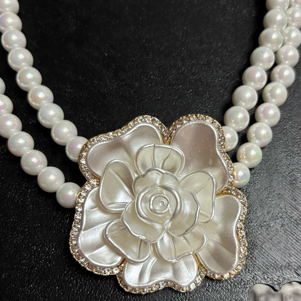 Eye Candy Mother of Pearl Rose Two Strand Statement Necklace - Picture 2 of 9